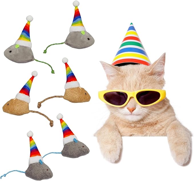 Christmas Catnip Cat Mice Toys with Rainbow Santa Hats Interactive Cat Toys for Indoor Cats Kittens, Christmas Thanksgiving Cat Toy Gift, 6-Pack