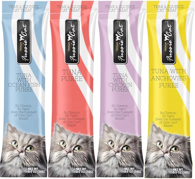 Fussie Cat Premium Puree Lickable Cat Treats in Tuna Puree, 4 Flavors, 4 Packs of 4-0.5oz Tubes (16 Total Tubes) +Lid