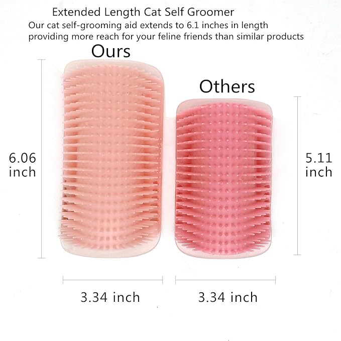 Miwoowim Cat Self Groomer, Extended (6.1"), 2 Pack, Pink, Wall Corner Self Grooming Brush for Indoor Cats, Kitten, Long Short Fur, Massage Comb