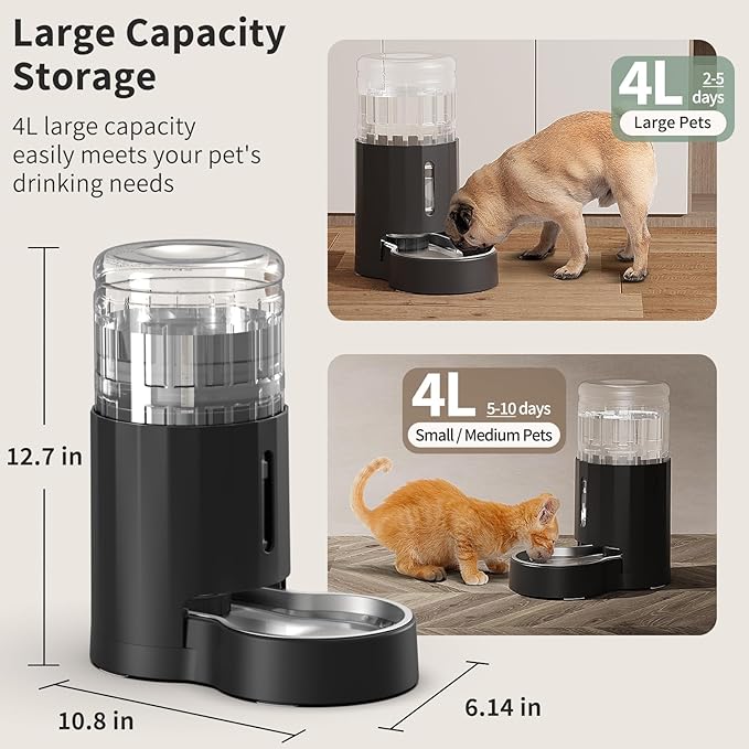 JUNSPOW Cat Water Dispenser with Stainless Steel Bowl, Automatic Gravity Water Dispenser for Cats or Small Medium Size Dogs, Large Capacity, Easy to Clean and Safe for Pets (4L Black)