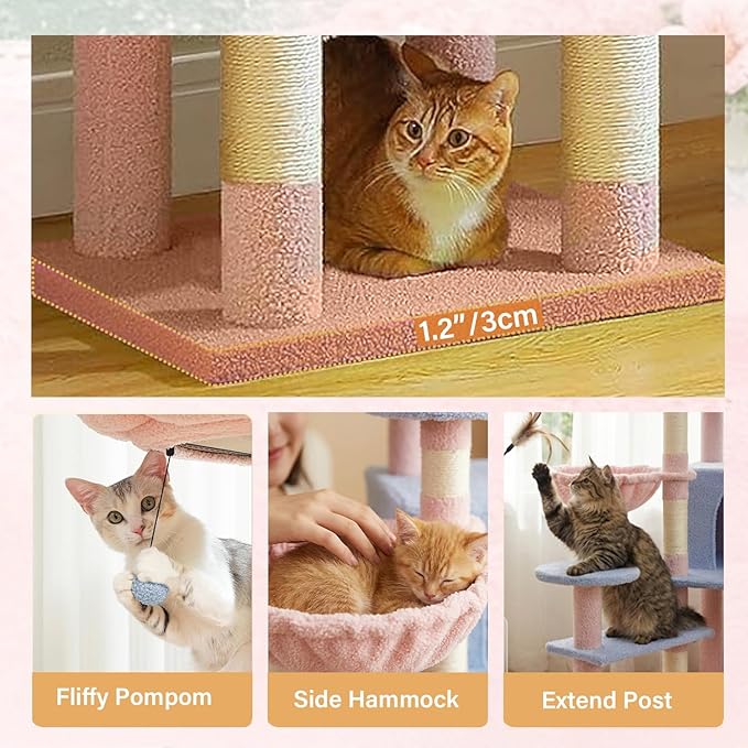 Flower Cat Tree 56 Inches，Large Cat Tower with Detachable Flower Cushions and Hiding Condo, Blue and Pink Cat Tree with Hammock Bed, Interactive Toys and Scratching Posts for Indoor Cats