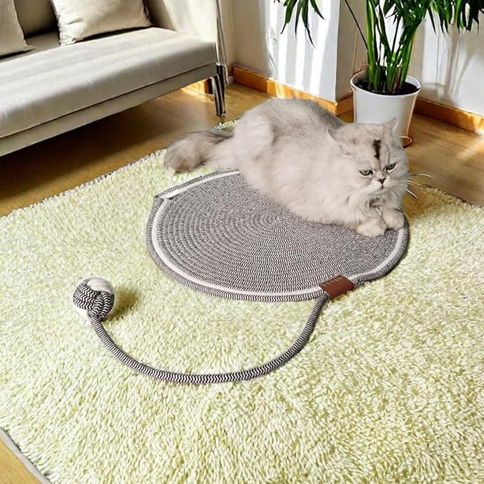 Cat Toy Scratcher Mat with Ball, 17" Size Natural Cotton Rope Dual Scratching Pad for Indoor Cats, Portable Furniture Protector for Wall, Carpets, Hand Washable (White, 17"*17")
