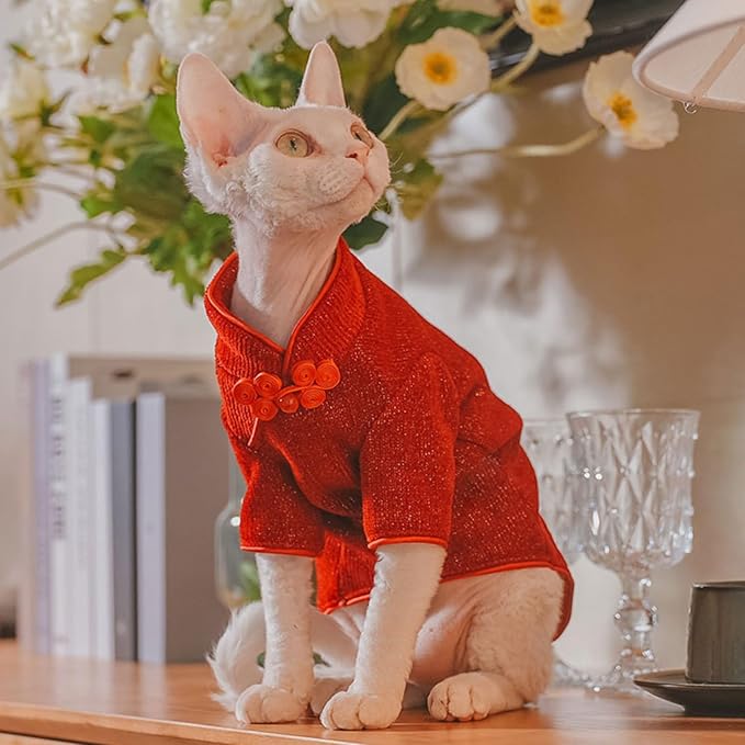 Traditional Culture Sphynx Hairless Cat Cotton T-Shirts Cat Clothes Pet Sweater Cat Vest Pet Clothes Kitten Shirts Cats & Small Dogs Apparel (Red Chi-Pao, XXL (13-15 lbs))