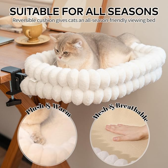 CHEERPALS Cat Desk Bed with Reversible Cushion, 90°Foldable Cat Hammock for Desk Mounted, Suitable for Medium-to-Large Cats and Puppy, Clowd Series(White, Large)