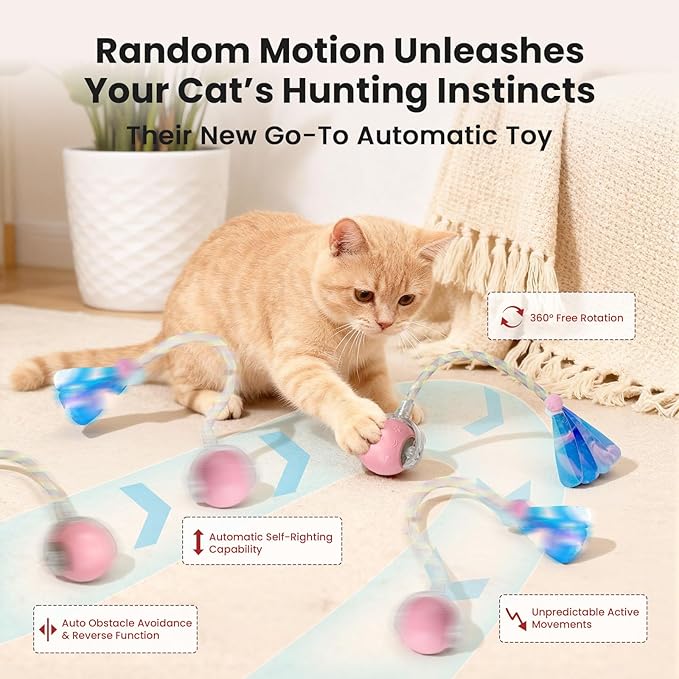Rocfish Cat Toys, Cat Toys for Indoor Cats, Cat Toys Interactive, 360° Rotating Automatic Interactive Cat Ball, Smart Activation, LED Light, Type-C Rechargeable, 3 Replaceable Dragonfly Tails (Pink)