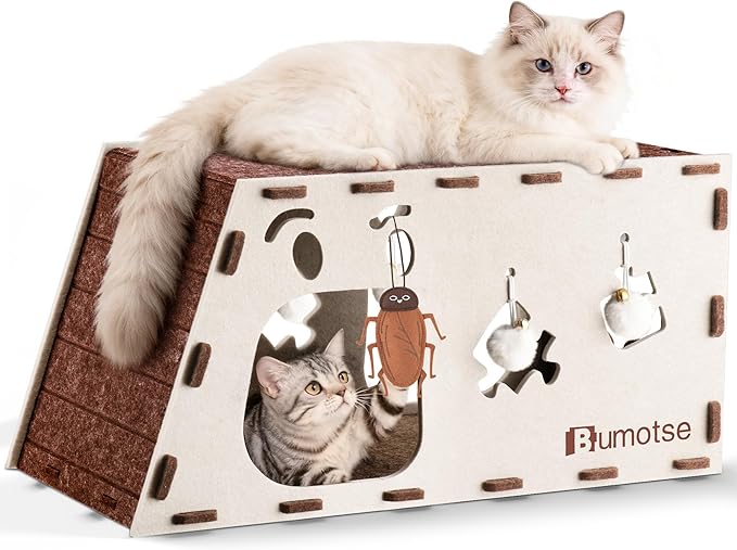 Interactive Felt Cat Tunnel for Indoor Cats with Catnip Toy, Modular Cat Cave House for Scratching, Play, Hiding & Sleeping, Durable Washable Cat Condo for Large Cats Up to 22LB, Cream
