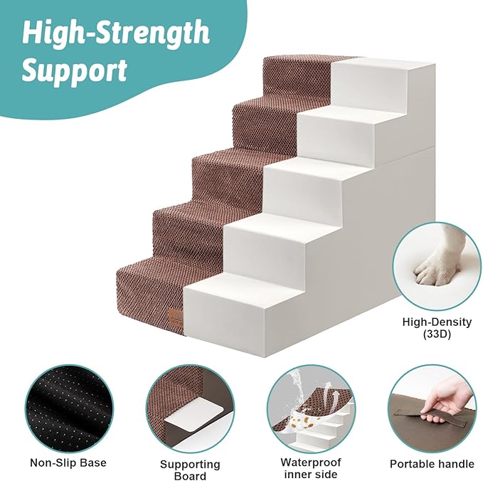 COZY KISS Dog Stairs with Detachable Zipper, 19.7" Extra Wide Right-Angle Pet Stairs for Bed, Anti-Slip Dog Steps for Lowrider and Puppy, Elderly Cats with Support Board, 19.7x29.5x23.6 inch, Brown