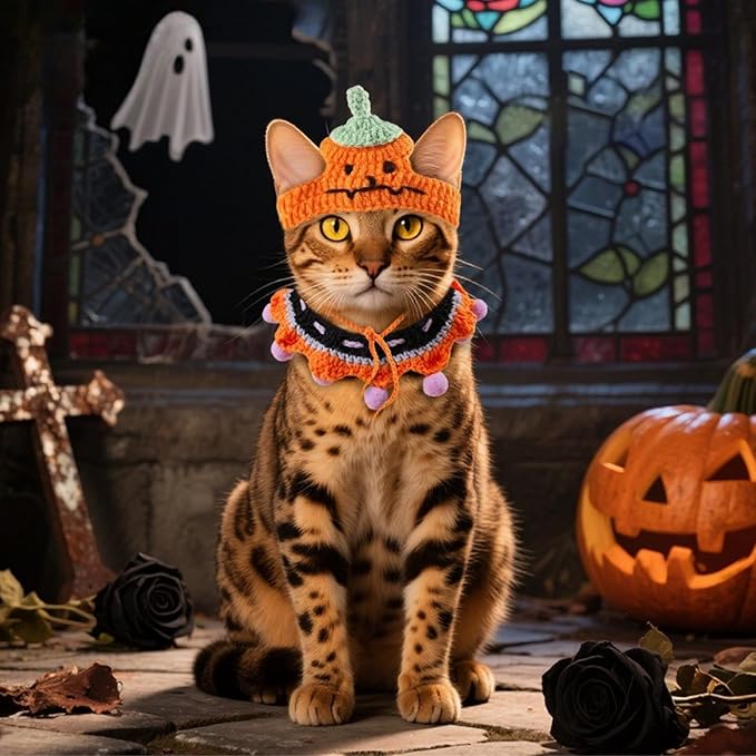 3 Pcs Pumpkin Cat Hats & 2 Pcs Bow Tie Set,Halloween Costume for Cats,Halloween Party Cosplay Dress Up Photo Props