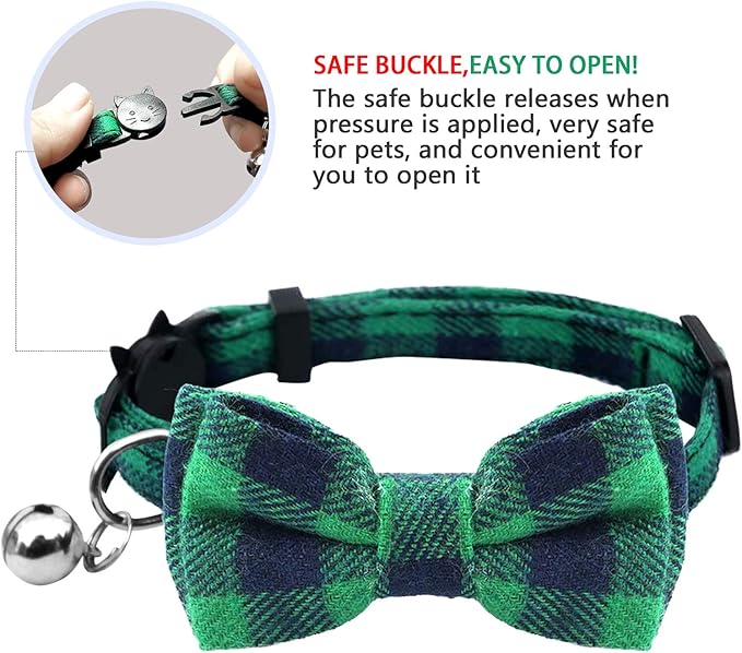 2 Pack/Set Cat Collar Breakaway with Cute Bow Tie and Bell for Kitty and Some Puppies, Adjustable from 7.8-10.5 Inch (Green+Orange, Plaid)