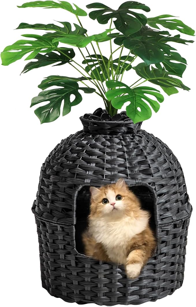 SETVSON Cat Litter Box Plant Furniture Enclosure, Hidden Handwoven Rattan with Cat Litter Box and Artificial Plants, Odor Control Filter, Real Stones in Living Room, Bedroom, Corner (Black)