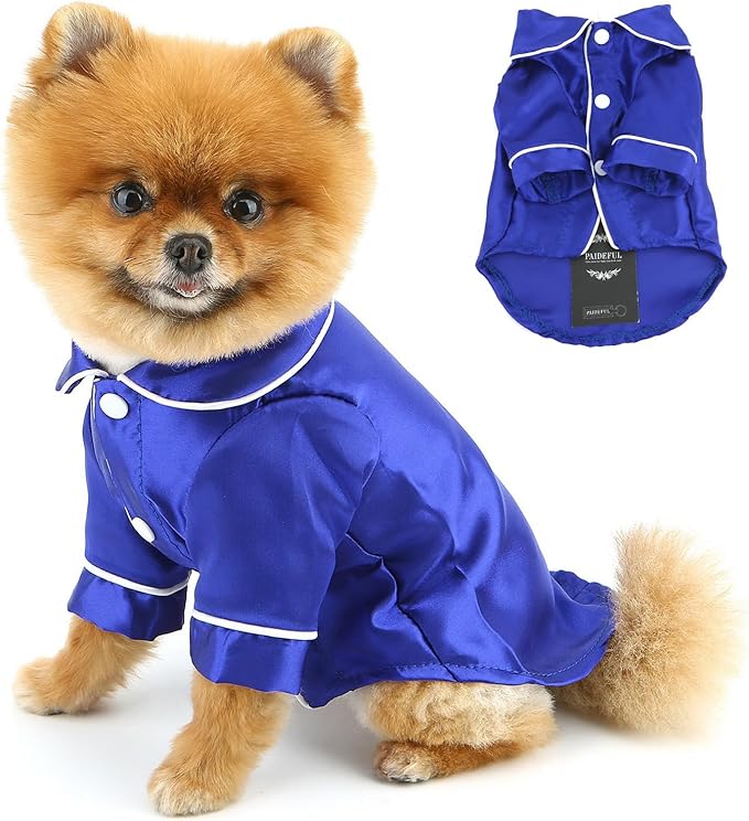 PAIDEFUL Soft Faux Silk Sleepwear for Small Dogs Cats Lapel Doggie Loungewear Lightweight Breathable Puppy Pajamas PJS Two-Legged Pet Shirt Clothes Summer Chihuahua Apparel Button Up,RoyalBlue,4XL