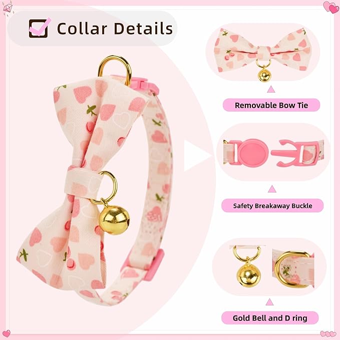 2 Pack Cat Collars with Removable Bow Tie and Bell, Adjustable Breakaway Kitten Collar, Cute Pink Cherry & Heart Print Pet Collar for Cats.(Adult Cat,Pink+Pink)