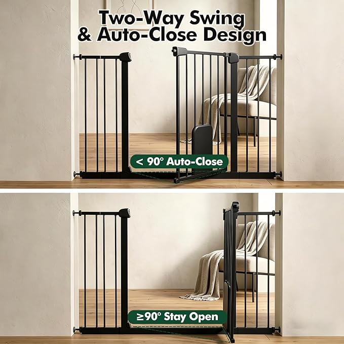 Metal Pet Gate with Cat Door, Adjustable Dog Gate for Doorways & Stairs, Pressure Mounted, Auto-Close, No Tools Needed, 31-46 Inches, Black