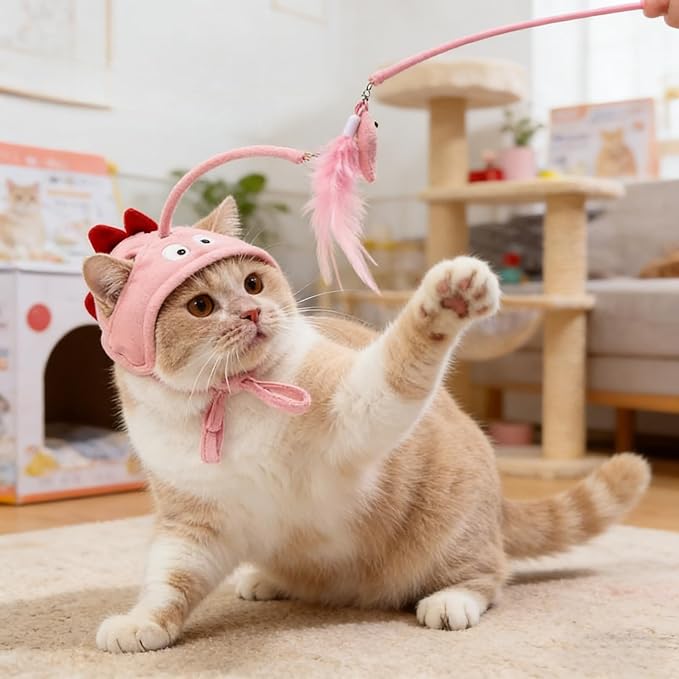 Cat Hat Toy Feather Wand Teaser Cat Toys (Pink)