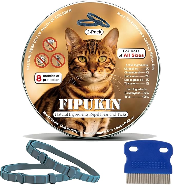 Natural Ingredients Flea Repellent Collar for Cats, Safe and Effective Flea and Tick Repellent, Waterproof, 8 Months Protection per Collar, Free Comb, One Size Fits All, 13.8 Inches, 2-Pack