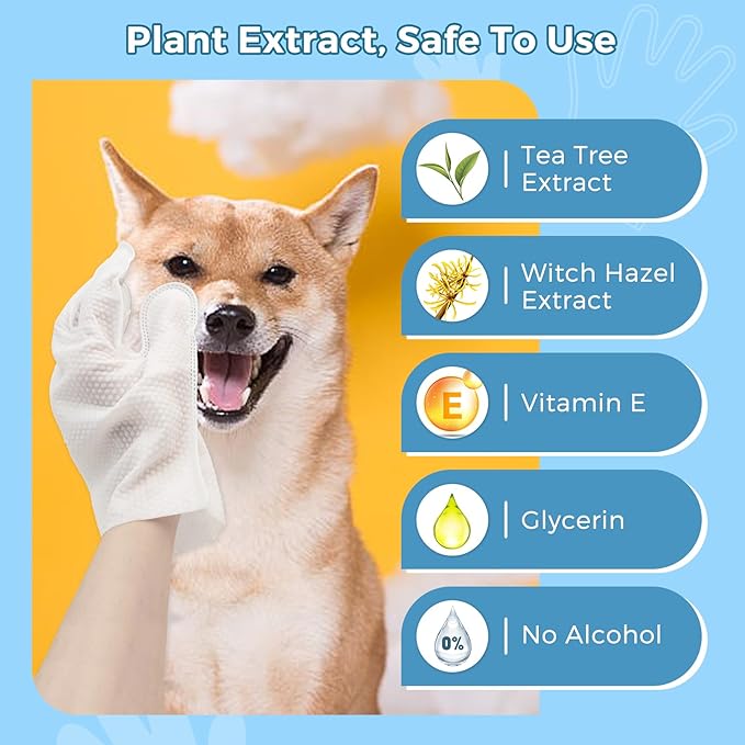 Vannon Portable Pet Bathing Wipes for Dogs & Cats, Cleaning & Odor-Controlling Extra Thick Grooming Glove Wipes for Daily Care and Traveling, Rinse Free, Nourish Fur, Individually Packaged, 10 PCS