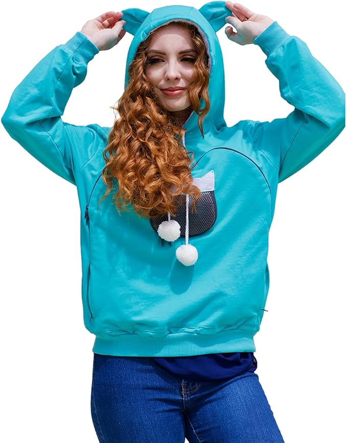 ALYC Unisex Hoodies Pet Holder Cat Dog Large Pouch Carriers Pullover with Cat Printing Sweatshirt (Green-XXL)