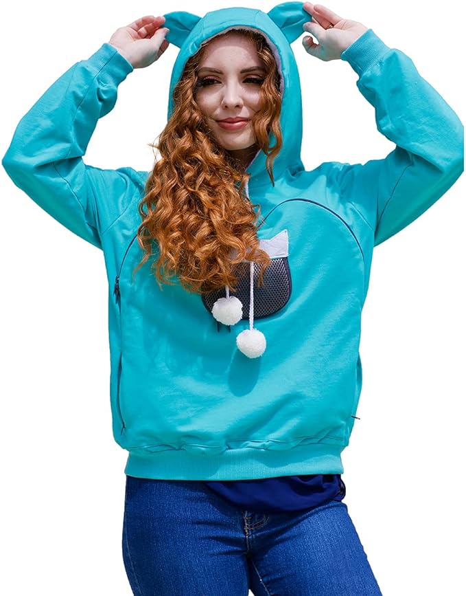 ALYC Unisex Hoodies Pet Holder Cat Dog Large Pouch Carriers Pullover with Cat Printing Sweatshirt (Green-S)