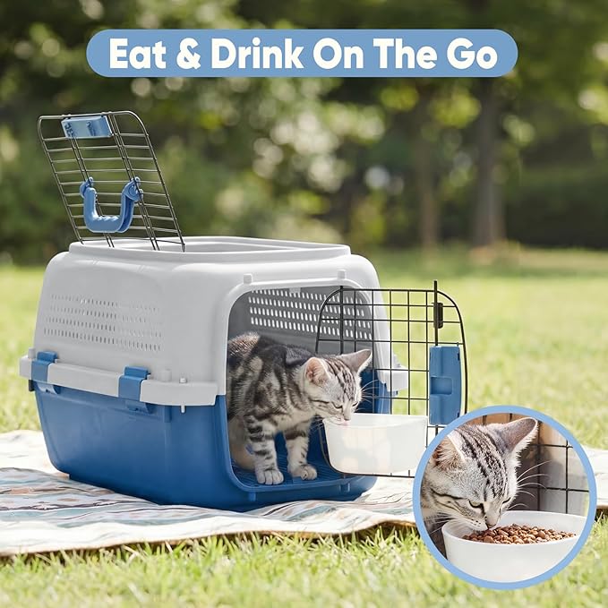 DUMOS 23" Hard-Sided Pet Carrier for Small Dogs & Cats, Airline Approved Travel Crate with Enhanced Security Latches, Front & Top Load Wire Door, Food Bowl for Traveling, Hiking, Camping, Grey&Blue