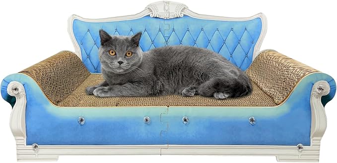 Luxury Cardboard Cat Scratcher Sofa Bed, Couch Shaped Scratching Board, Scratch Lounge with Catnip, Cat Scratcher for Indoor Cats Large Blue 25.4" Large