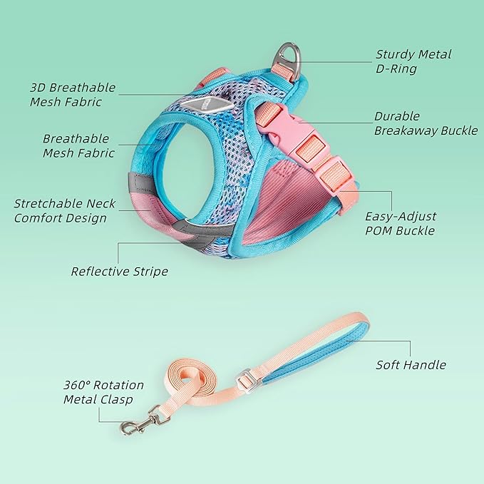 Cat Harness and Leash Set for Comfortable Outdoor Walking, Escape Proof, Adjustable Soft Kitten Vest Harness with Reflective Strip for Cats, Small Dogs (Blue Pink, M)