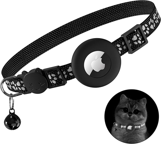 Airtag Cat Collar Breakaway, Adjustable Reflective Kitten Cat Collar with Apple AirTag Holder and Bell for Cats and Puppies (Black with Footprints)