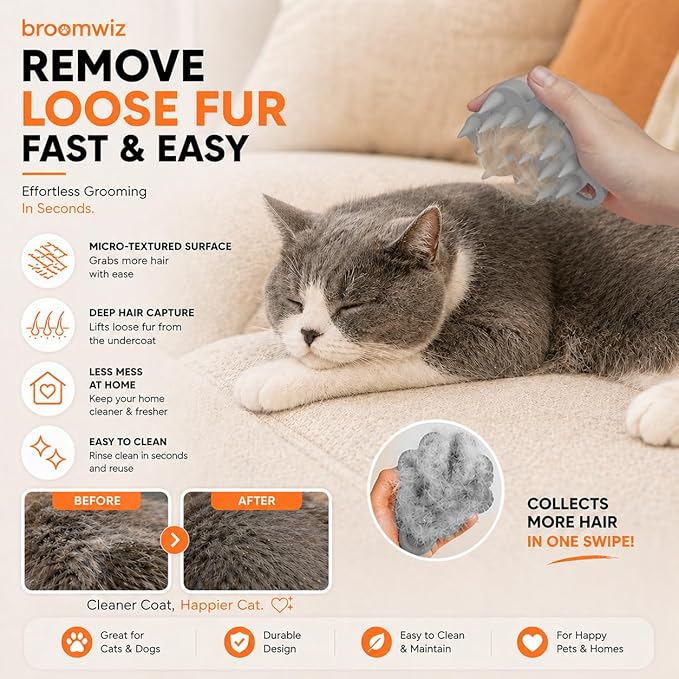 Cat Brush Silicone Pet Grooming Brush for Cats & Dogs, Soft Flexible Deshedding for Removing Loose Fur, Easy to Clean, Waterproof, for Short & Long Hair, Orange White Gray (Grey)