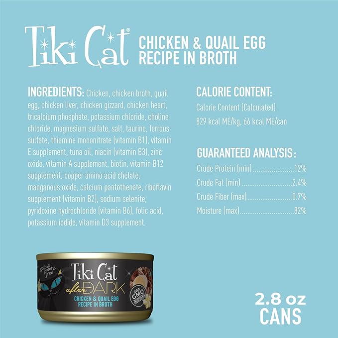 Tiki Cat After Dark, Chicken & Quail Egg in Broth, High-Protein and 100% Non-GMO Ingredients, Wet Cat Food for Adult Cats, 2.8 oz. Cans (Pack of 24)