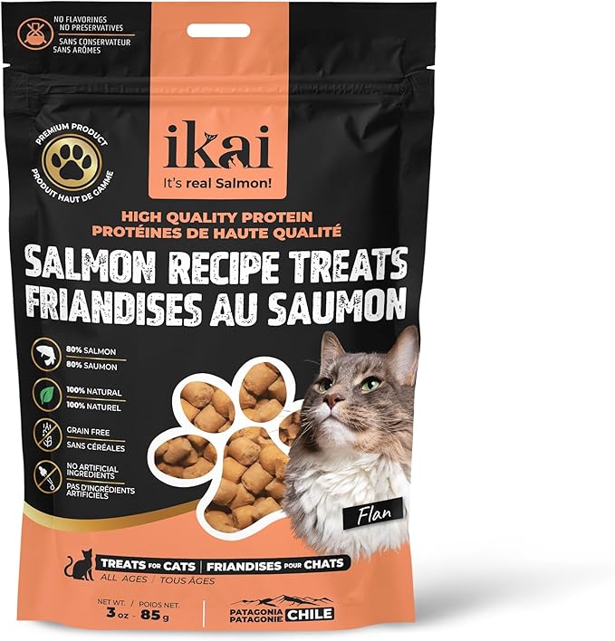 IKAI - Patagonian Salmon Cat Treats - Premium 100% Natural Treats - Hypoallergenic, with Omega 3 & 6 for Healthy Skin & Glossy Coat, Oven-Baked, Grain-Free, No Added Salt - 3 oz