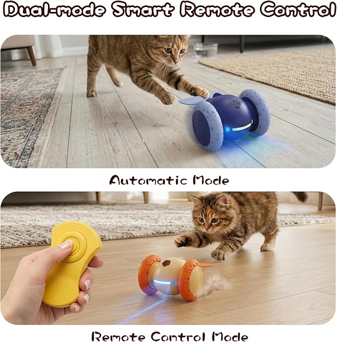 Puffluv Interactive Cat Toys, Automatic Moving Mouse Toy for Indoor Cats, Remote Control Cat Toys with LED Lights,Rechargeable Electric Kitten Toy USB Charging(Yellow)