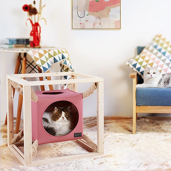 A 4 Pet Stackable Cat Cave, Modern Cat Tree for Large Cats, Wood Cat Tower Cat Condo Cat House Cat Hammock for Indoor Cats