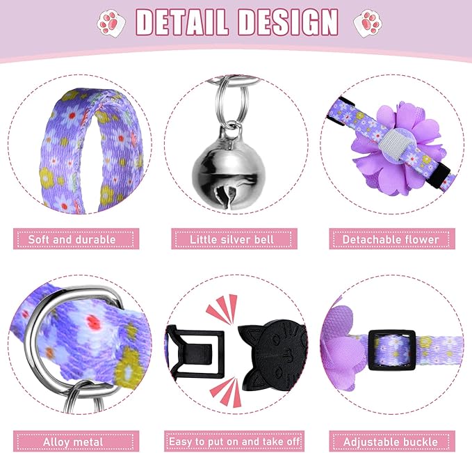 Saintrygo 8 Pack Spring Flower Cat Collars Breakaway with Bells Floral Safety Cat Collar Buckle Cute Cats Kitten Collar Gift for Girl Boy Cats Colorful Adjustable Pet Supplies Daily Decoration(Small)