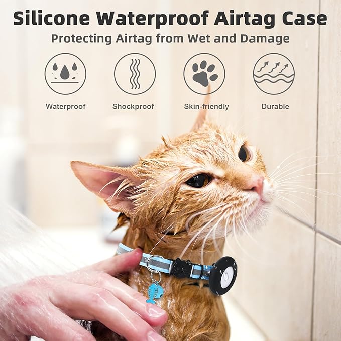 Airtag Cat Collar, Air tag Cat Collar with Bell and Safety Buckle in 3/8" Width, Reflective Collar with Waterproof Airtag Holder Compatible with Apple Airtag for Cat Dog Kitten Puppy (Black+Blue)