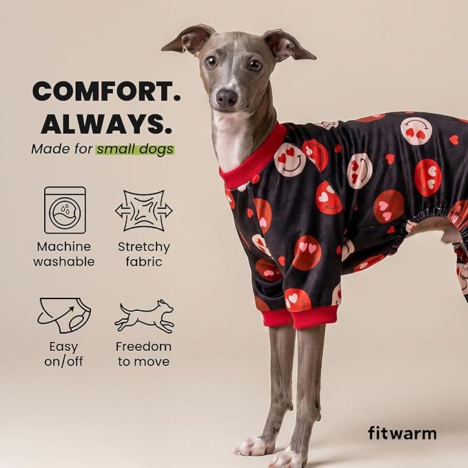 Fitwarm Hearts Eyes Smily Face Dog Pajamas, Cozy Valentines Outfit for Small Dogs Boy Girl, Festive Pet Clothes, Black, Red, Large