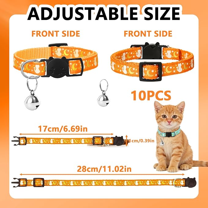 6PCS Breakaway Cat Collars with Bell, Glow in The Dark Adjustable Kitten Collars with Star Moon Pendant, 6 Color Cute Kitty Collars for Girl Boy Cats Pet Accessories