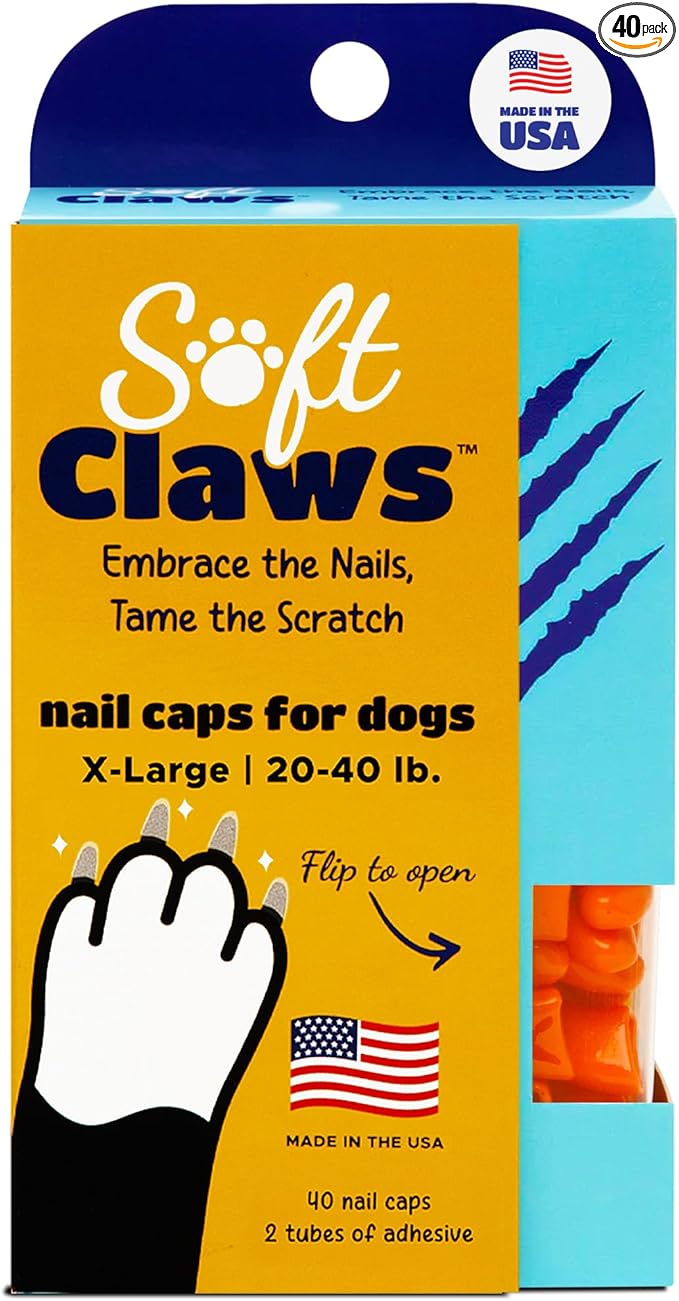 Soft Claws Dog Nail Caps, 40 X-Large Nail Caps, Made in USA - Vet Developed, Safe & Non-Toxic Easy to Apply Claw Covers | Protects Furniture & Skin, Orange