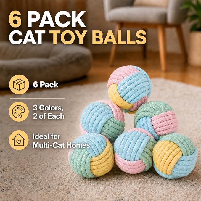 Kitten Toys & Cat Toys for Indoor Cats: 6 Pack Interactive Cat Toy Balls with Rope, Crinkle Cat Ball Toy for Chase, Chewing and Boredom Relief