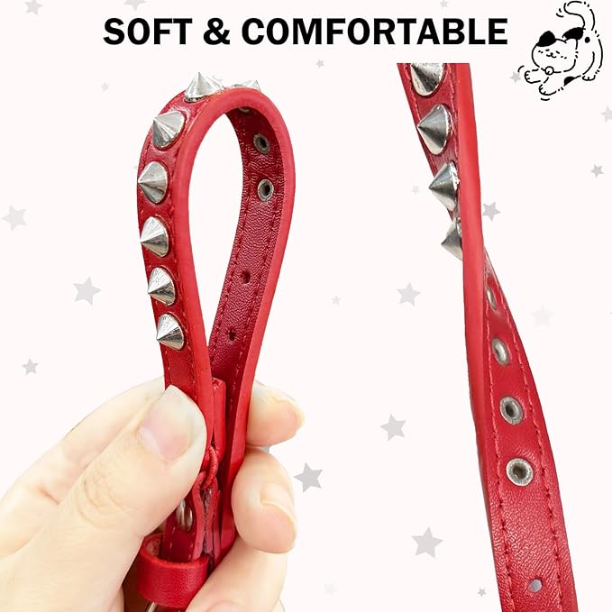 Leather Cat Collars for Boy Girl Cats with Bell and Safety Elastic Belt, Personalized Rivets Stud Adjustable Safe Buckle Collar with Skull Charm for Kitty Small Pets, Red