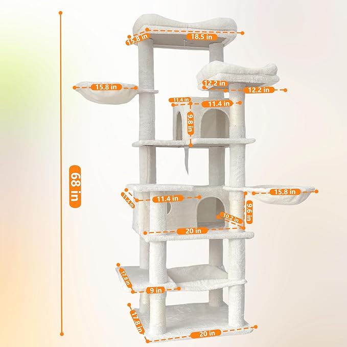 68" Beige Cute Cat Tree for Indoor Cats Large Adult, Tall Cat Tower with Scratching Post & Condo, Hammock, Aesthetic Cats Stand, Modern, Easy Assembly (Beige, 68" Tall)