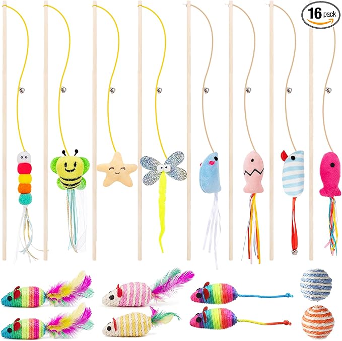 Leitee 16 Pcs Cat Interactive Toys Set Wooden Cats Teaser Wand Toy with Feather Handle Chew Rope Mouse Sisal Balls with Bells for Indoor Kitten Play Chase Exercise (Mice Toy)