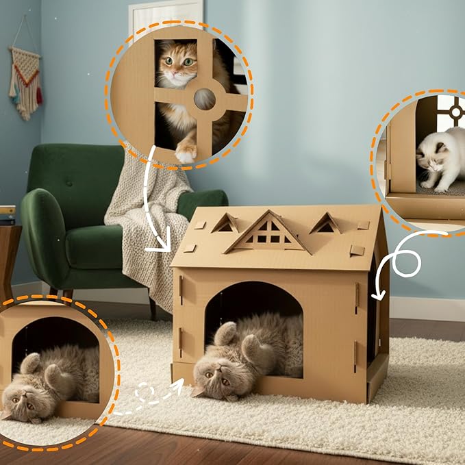 17.3 Inch Multiple Windows Detachable Cardboard House, House with Scratching Board, Indoor Playhouse, Scratching Mat with Catnip