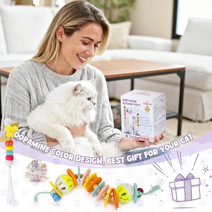 2 Pack Cat Toys with Catnip Bell Sound, Durable Interactive Cat Chew & Kicker Toys for Indoor Kittens & Cats Exercise, Safe Kitten Teething Toys for All Breeds Self Play, 7.8 Inchs, Colorful