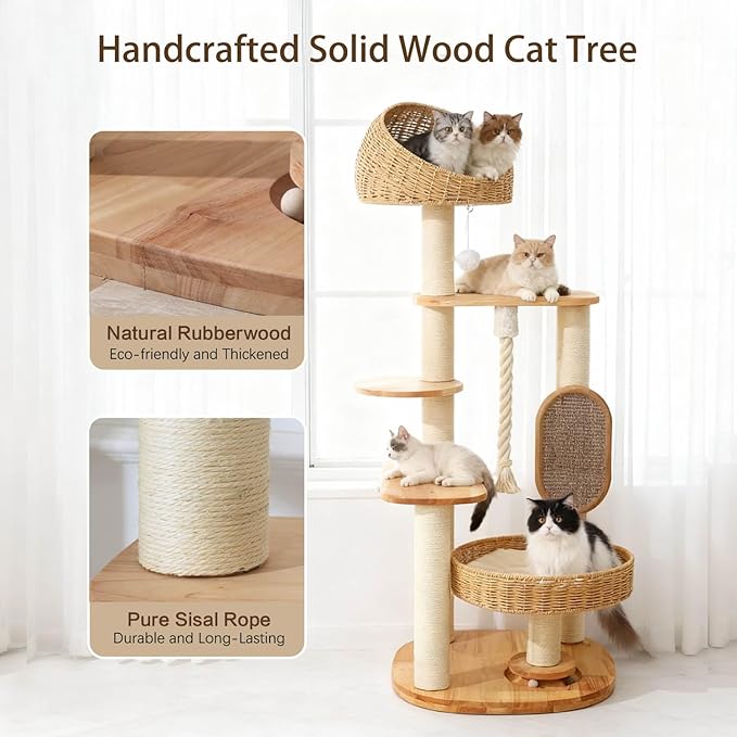 Solid Wood Cat Tree for Large Cat, 50-Inch Tall Cat Tower for Indoor Cats with Scratching Post, Multi-Level Cat Condo with Handwoven Basket, Sturdy Cat Houses Easy to Clean