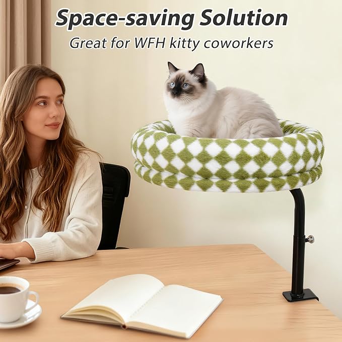 Sunhoo Cat Desk Bed 360° Rotating Height Adjustable Desktop Mount Hammock Kitten Perch Easy Setup Kitty Nest Table Clamp-on Attachment for Indoor Cats Washable 17" Diameter Hold Up to 40lbs（Green）