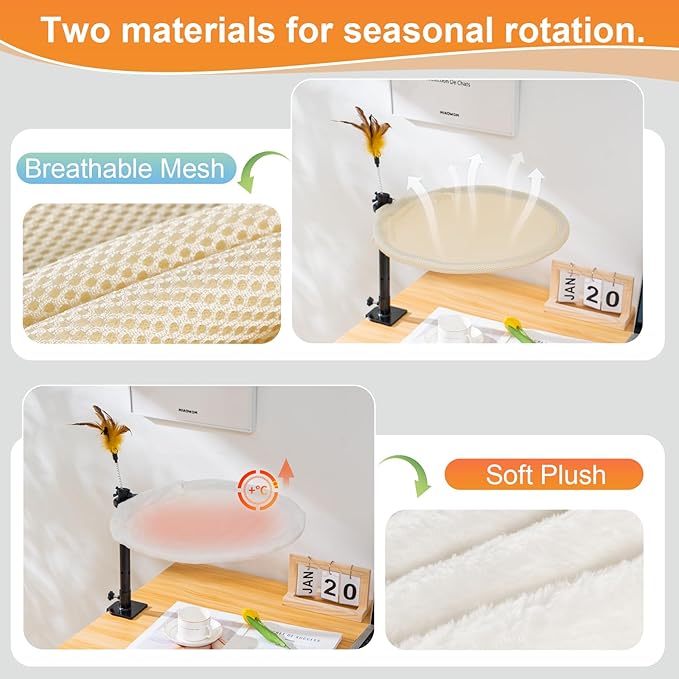 Uross Cat Desk Bed- Double Layers Adjustable Height 360 Rotation Cat Desk Perch Mount for Office and Game Tables, Attachment Desktop Bed with 2 Washable Covers, Soft Rabbit Fur& Breathable Mesh -Beige