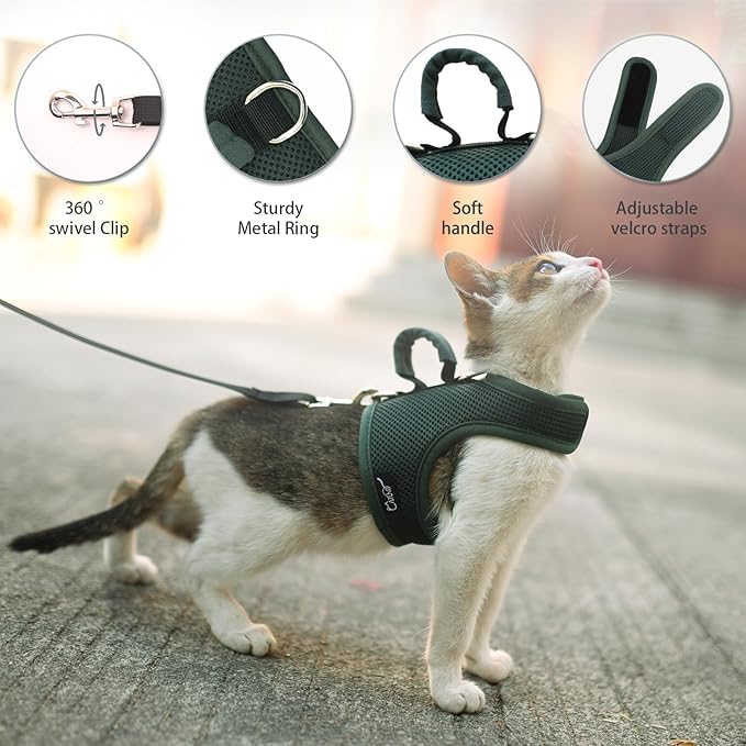 Cat Harness and Leash for Walking Escape Proof Breathable Mesh Fabric, Solid Green, XX-Large, Adjustable Cat Walking Jackets with Handle, Padded Stylish Cat Vest