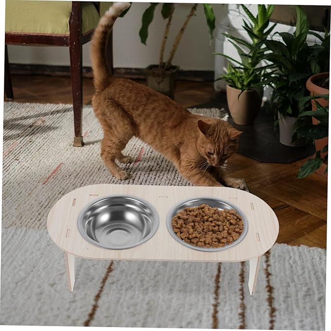 1set Elevated Bowls Stable Base Wood Stainless Steel Raised Feeder for Cats and Dogs Spill Design for Easy Feeding and Watering