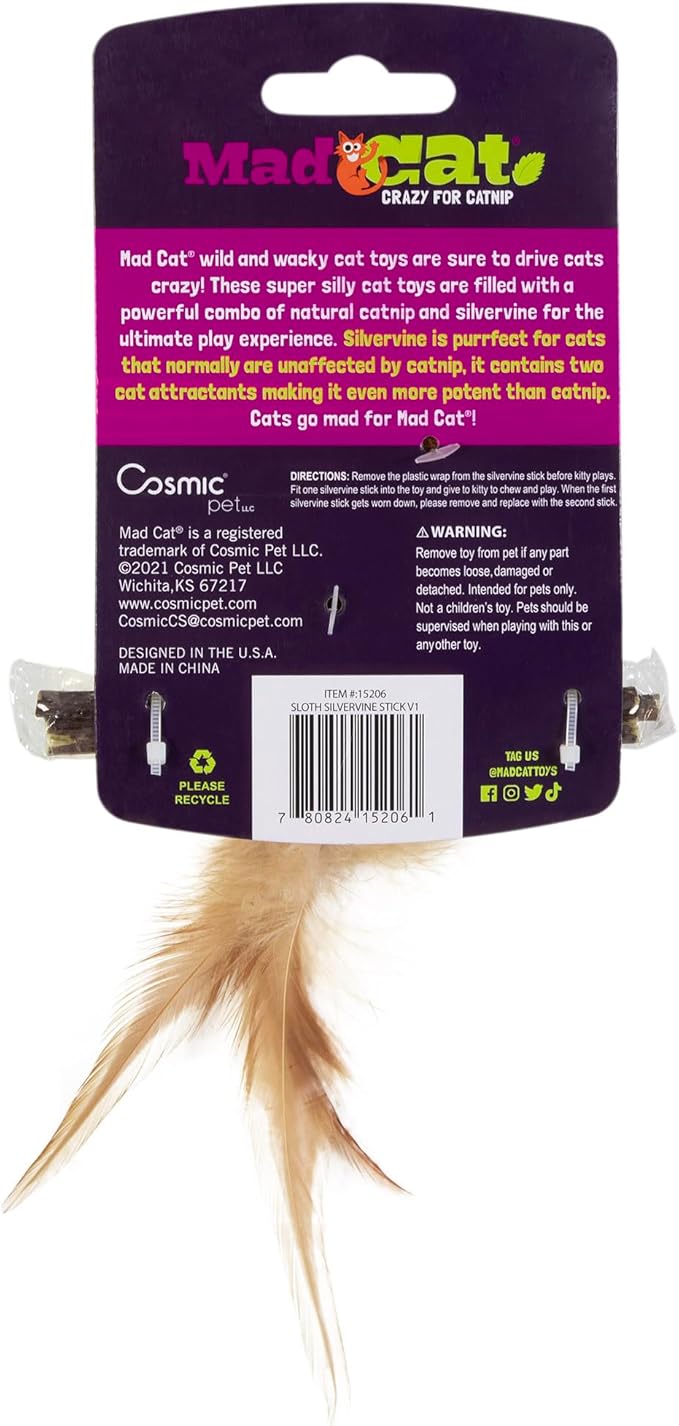 Mad Cat Sloth with Sticks Catnip & Silverine Soft Feather Plush Cat Toy, Pack of 4