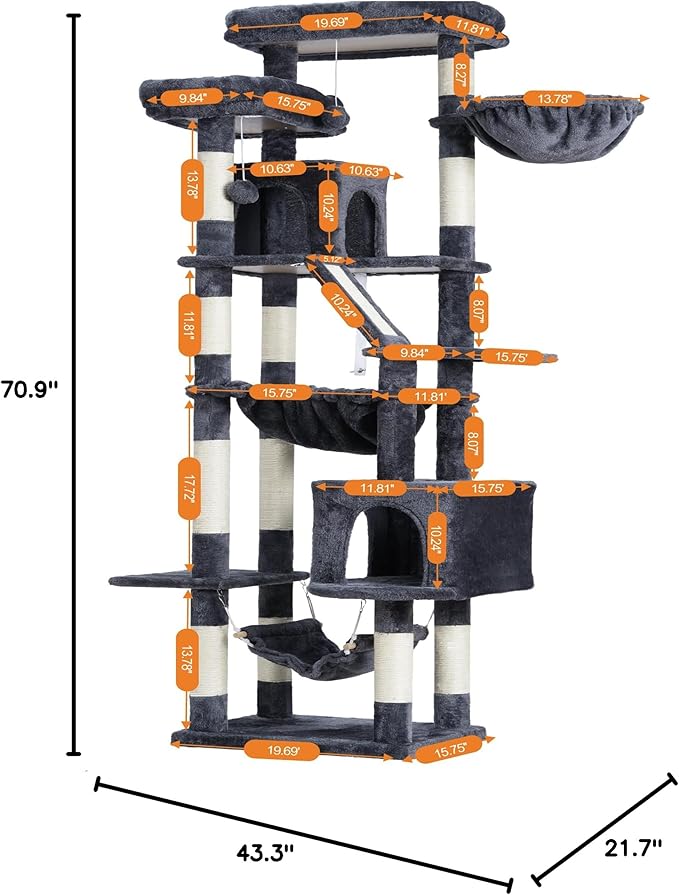 Heybly Cat Tree, 71-Inch-Tall Tower for Indoor Cats with 2 Perches, 2 Big Condos, 2 Hammocks, Basket, Scratching Pad, Large Cat Furniture and Condo, Smoky Gray HCT034G