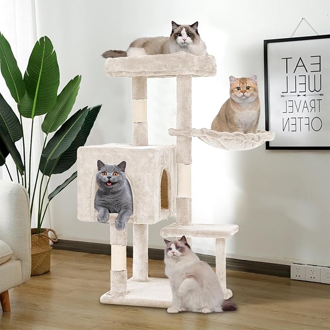 FDW 37.8 inch Cat Tree Cat Tower for Indoor Cats with Scratching Posts,Multi-Level Cat Furniture Activity Center Stand House Cat Condo Modern Cat Tower with Hanging Cradle & Funny Toy,Beige